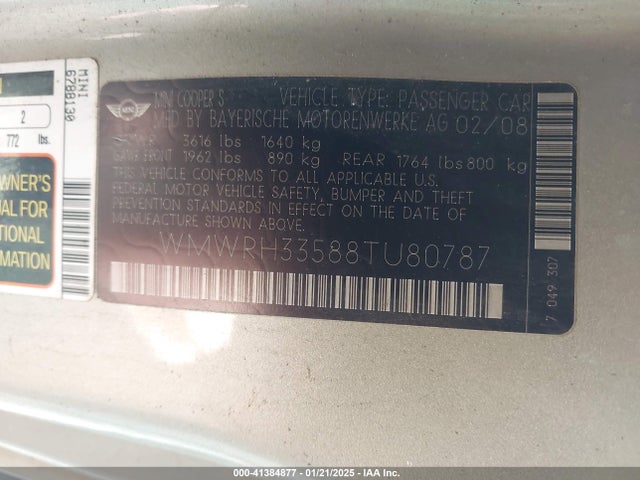 2008 MINI COOPER S WMWRH33588TU80787 Photo 8