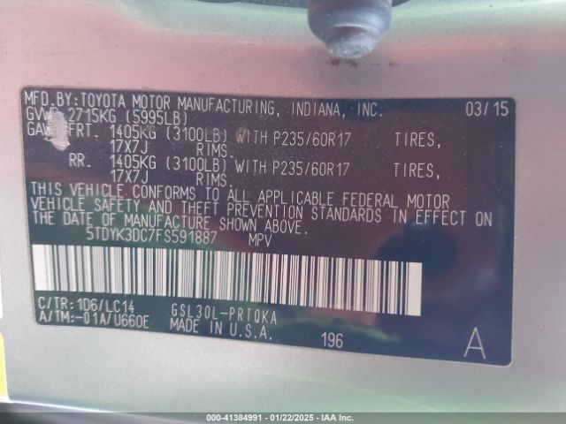 5TDYK3DC7FS591887 Toyota Sienna Xle/limited