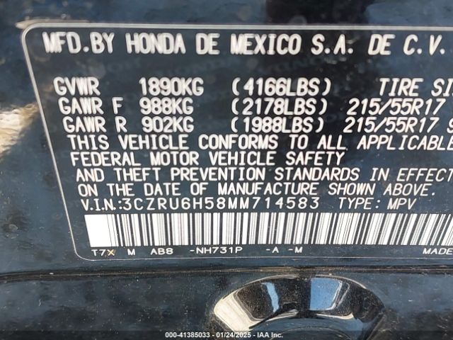 3CZRU6H58MM714583 Honda Hr-v Awd Ex