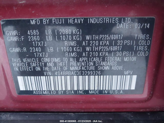 Subaru 2.5na u5 2014 4S4BRBAC3E3299326 Image 9