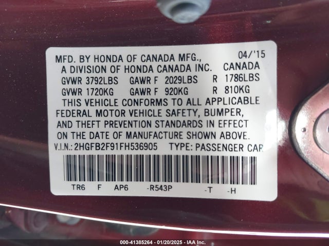 Honda Civic Ex-l 2015 2HGFB2F91FH536905 Image 9