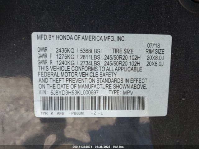 5J8YD3H53KL000697 Acura Mdx Tech Pkg