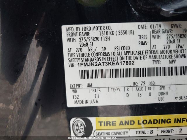 1FMJK2AT3KEA17802 Ford Expedition Max Limited