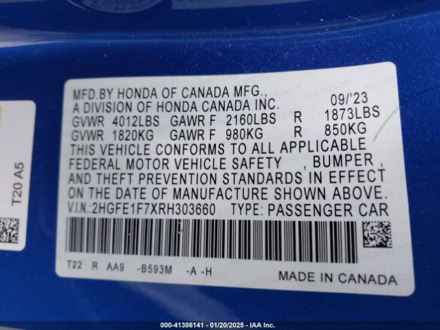 2024 HONDA CIVIC SEDAN 2HGFE1F7XRH303660 Photo 8