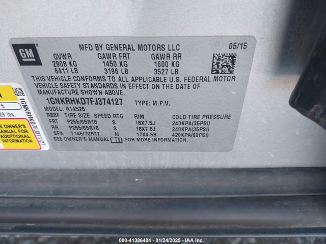 Chevrolet Traverse 2015 1GNKRHKD7FJ374127 Image 9