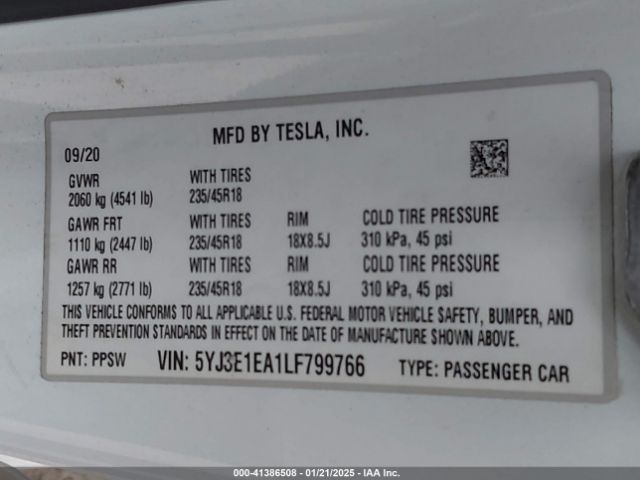 5YJ3E1EA1LF799766 Tesla Model 3 Standard Range Plus Rear-wheel Drive/standard Range Rear-wheel Drive