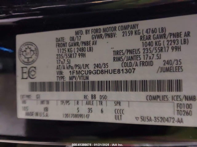 1FMCU9GD8HUE81307 Ford ESCAPE SE