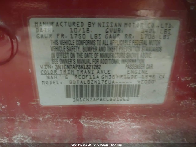 3N1CN7AP8KL821262 Nissan Versa 1.6 Sv