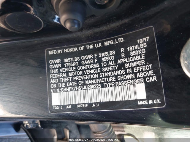 SHHFK7H61JU206225 Honda CIVIC EX