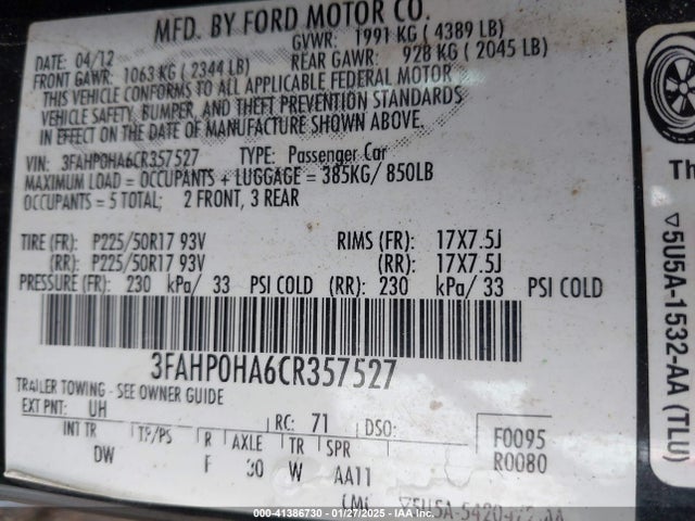 Продажа на аукционе авто 2012 Ford Fusion Se, vin: 3FAHP0HA6CR357527, номер лота: 41386730