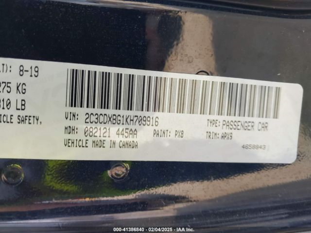 2C3CDXBG1KH709916 Dodge Charger Sxt Rwd