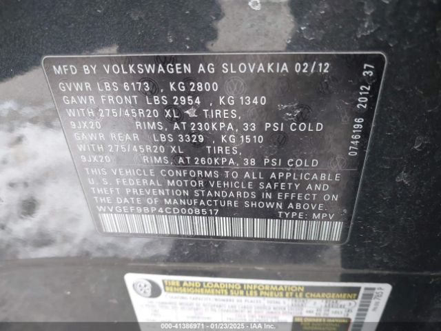 2012 VOLKSWAGEN TOUAREG WVGEF9BP4CD008517 Photo 8