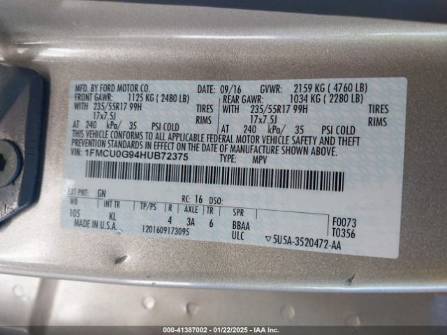 1FMCU0G94HUB72375 Ford ESCAPE SE
