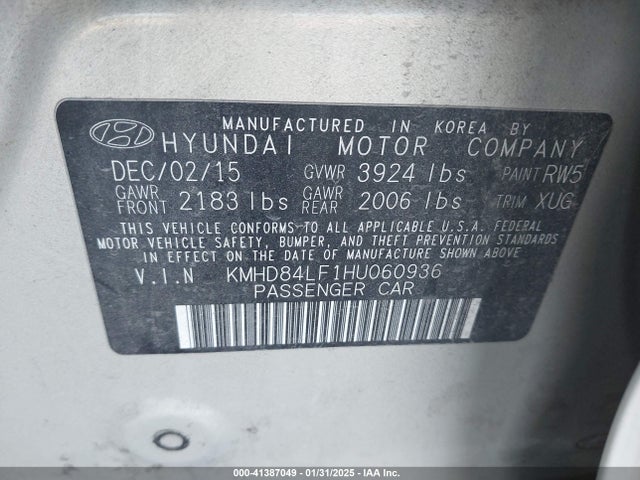 KMHD84LF1HU060936 Hyundai ELANTRA SE