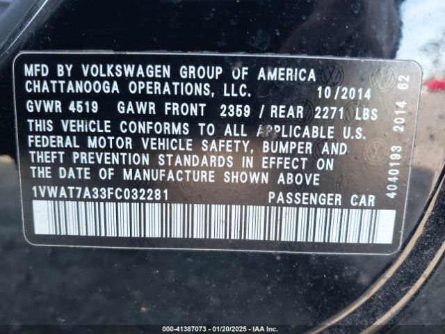 1VWAT7A33FC032281 Volkswagen Passat 1.8t Wolfsburg Edition