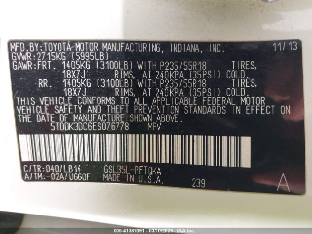 5TDDK3DC6ES076778 Toyota Sienna Xle/limited