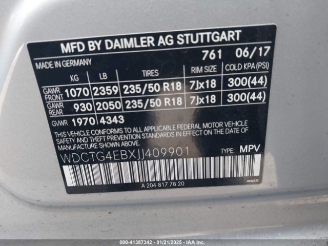 WDCTG4EBXJJ409901 Mercedes-Benz GLA 250