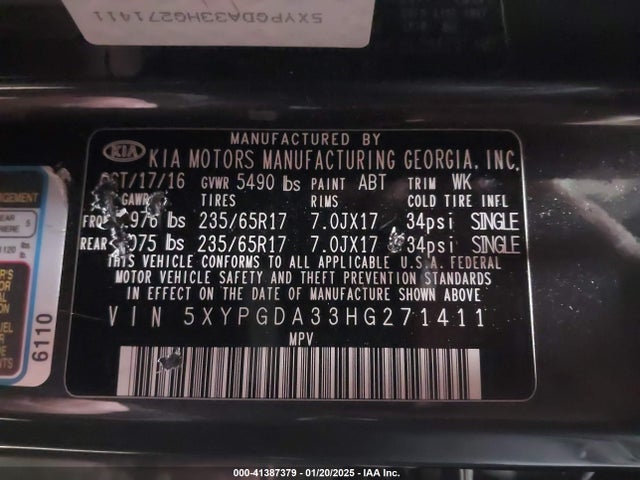 KIA Sorento 2.4l Lx 2017 5XYPGDA33HG271411 Image 9