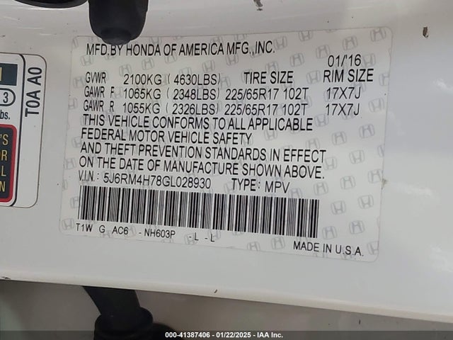 Honda Cr-v Ex-l 2016 5J6RM4H78GL028930 Image 9