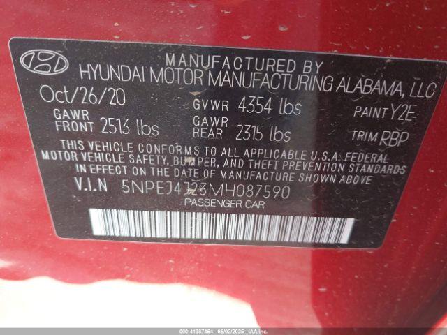 5NPEJ4J23MH087590 Hyundai Sonata Sel Plus