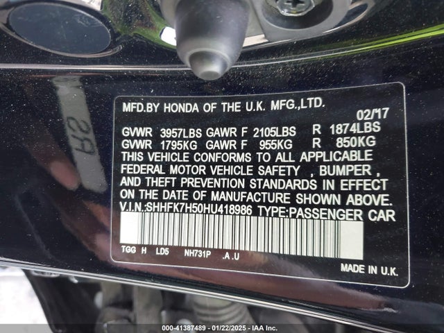 Honda CIVIC EX 2017 SHHFK7H50HU418986 Image 9