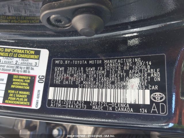 2T1BURHE0FC269325 Toyota Corolla Le Premium