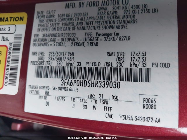 Ford FUSION SE 2017 3FA6P0HD5HR339030 Image 9