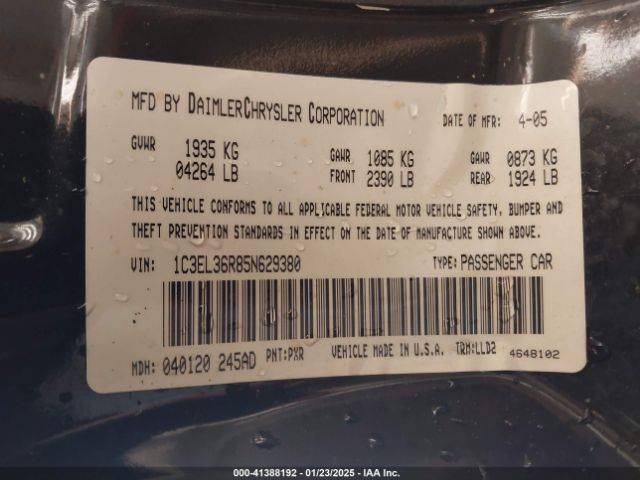 2005 CHRYSLER SEBRING 1C3EL36R85N629380 Photo 8