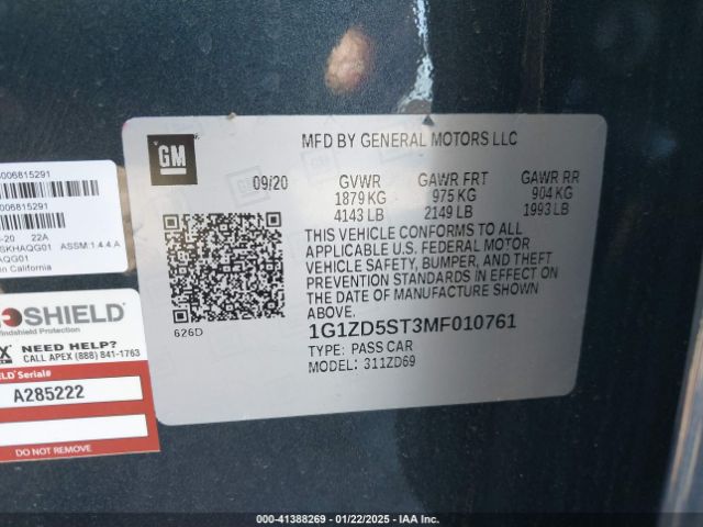 1G1ZD5ST3MF010761 Chevrolet Malibu Fwd Lt