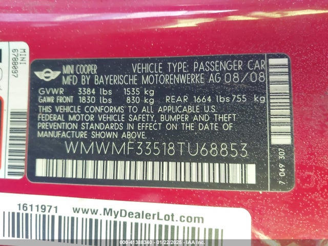 2008 MINI COOPER WMWMF33518TU68853 Photo 8