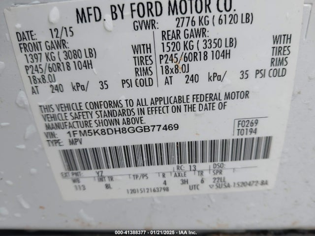 Ford EXPLORER XLT 2016 1FM5K8DH8GGB77469 Image 9
