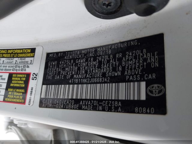 4T1B11HK2JU668342 Toyota CAMRY SE