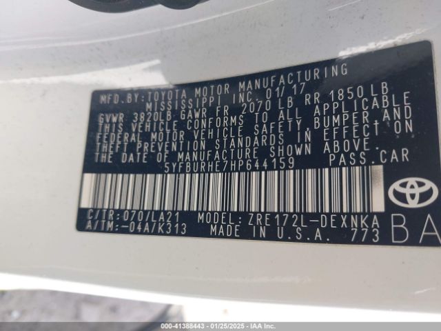5YFBURHE7HP644159 Toyota Corolla Xle