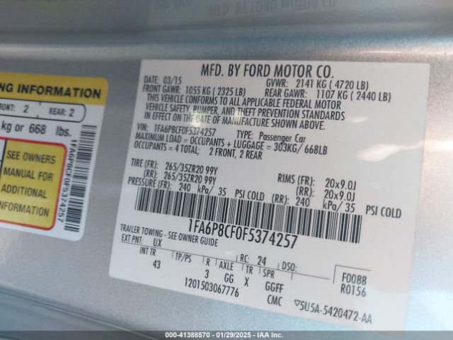 1FA6P8CF0F5374257 Ford Mustang Gt Premium