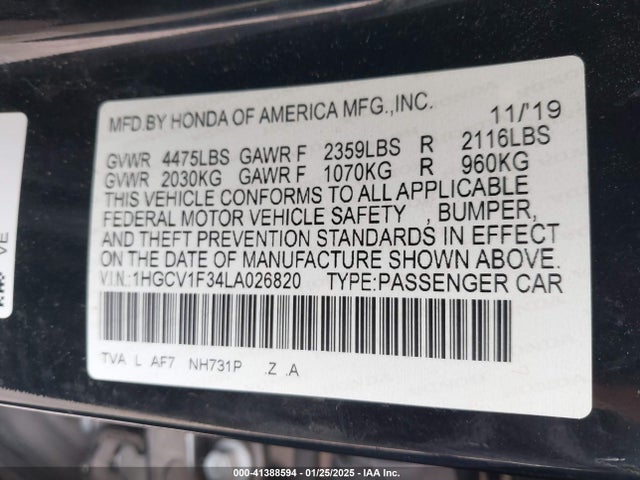 1HGCV1F34LA026820 Honda Accord Sport