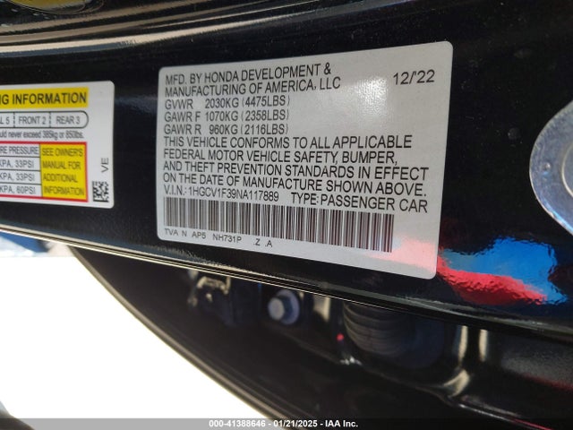 1HGCV1F39NA117889 Honda Accord Sport