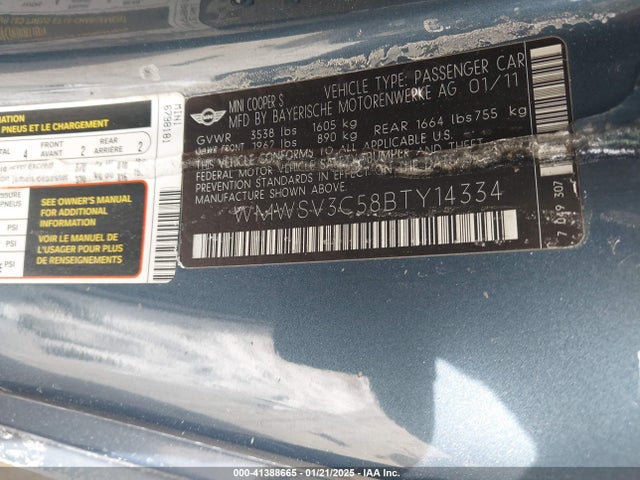 2011 MINI COOPER S WMWSV3C58BTY14334 Photo 8