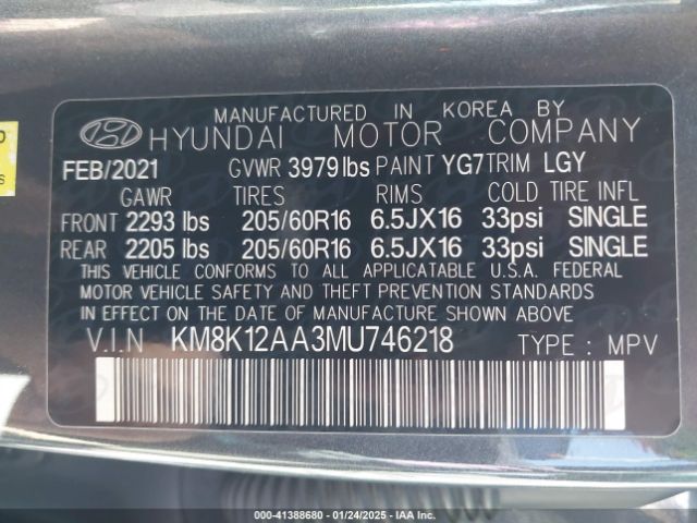 KM8K12AA3MU746218 Hyundai Kona Se