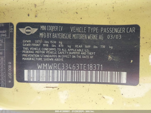 2003 MINI COOPER WMWRC33463TE18371 Photo 8