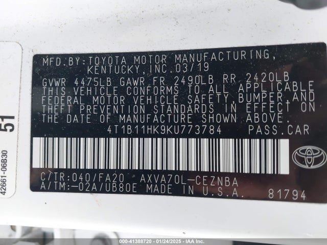 Toyota CAMRY LE 2019 4T1B11HK9KU773784 Image 9