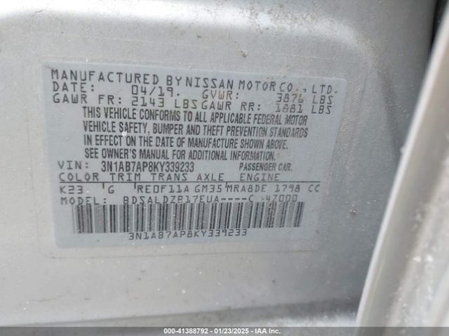 3N1AB7AP8KY339233 Nissan SENTRA SV