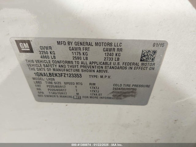 Chevrolet EQUINOX 1LT 2015 1GNALBEK3FZ123353 Image 9