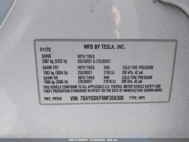 7SAYGDEF9NF358308 Tesla Model Y Performance Dual Motor All-wheel Drive