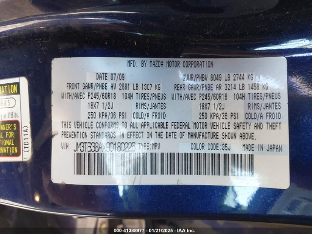 41388977 :رقم المزاد ، JM3TB38AX90180226 vin ، 2009 Mazda Cx-9 Touring مزاد بيع
