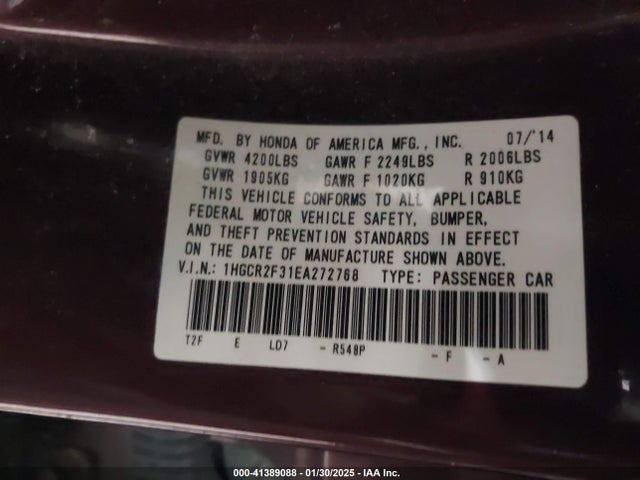 Honda ACCORD LX 2014 1HGCR2F31EA272768 Image 9
