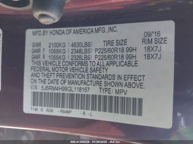 5J6RM4H99GL118167 Honda Cr-v Touring