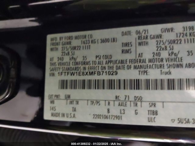 1FTFW1E8XMFB71029 Ford F-150 Limited