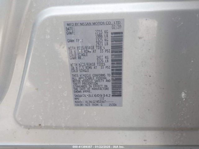 5N1DR2CM3LC609342 Nissan Pathfinder Sl 4wd