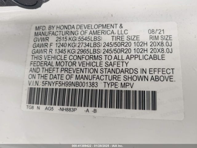 5FNYF5H99NB001383 Honda Pilot 2wd Touring 8 Passenger