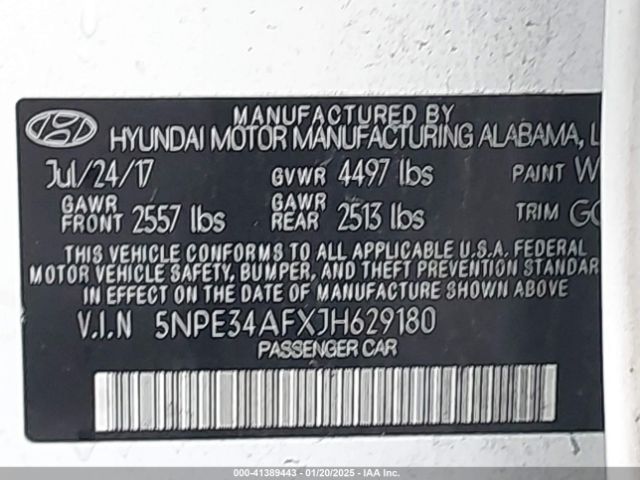 5NPE34AFXJH629180 Hyundai SONATA SEL